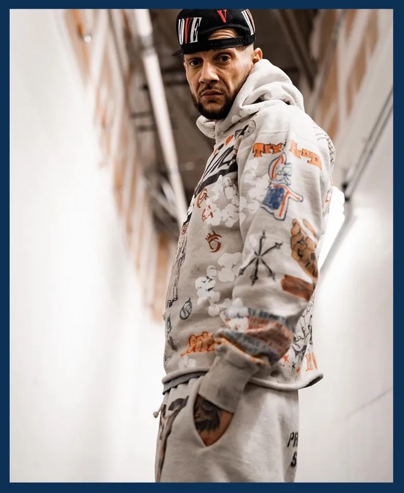 DENIM TEARS × ©SAINT M×××××× "SAINT TEARS" Graffiti Hoodie Joint Model Cotton Graffiti Hoodie Fully Printed Washed Distressed Holes Vintage Sweatshirt Gray S-XL Super Heavy Duty! The whole piece is printed with 35 screens and counterpoint printing!